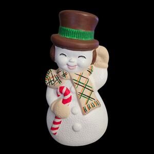 Vintage Ceramic Snowman Christmas Decoration Candy Cane Plaid Scarf
